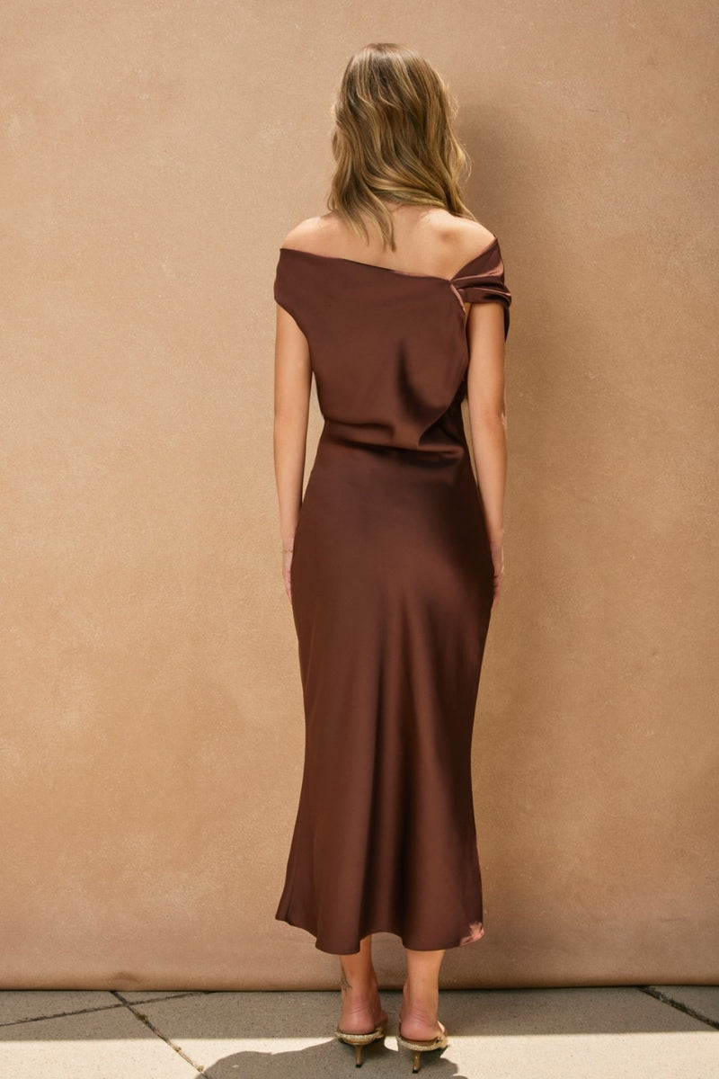 SATIN OFF SHOULDER MIDI DRESS- RUM