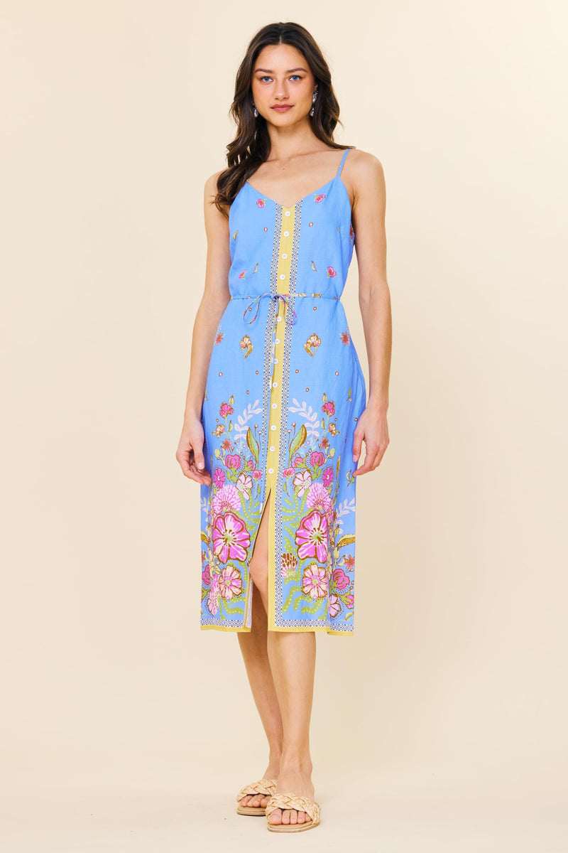 BORDER PRINT MIDI CAMI DRESS- CHAMBRAY BLUE