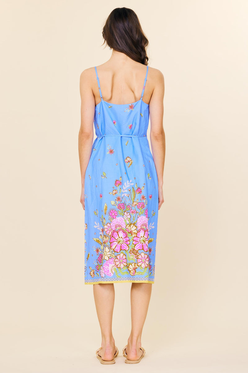 BORDER PRINT MIDI CAMI DRESS- CHAMBRAY BLUE