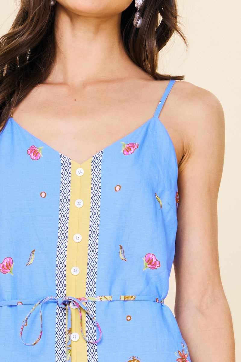 BORDER PRINT MIDI CAMI DRESS- CHAMBRAY BLUE