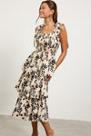 FLORAL POPLIN TIERED MIDI DRESS- BLACK/IVORY