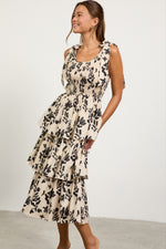 FLORAL POPLIN TIERED MIDI DRESS- BLACK/IVORY