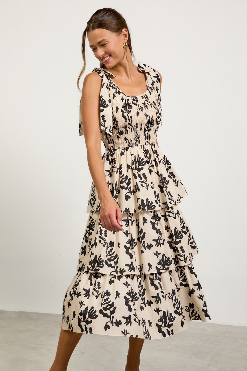 FLORAL POPLIN TIERED MIDI DRESS- BLACK/IVORY