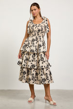 FLORAL POPLIN TIERED MIDI DRESS- BLACK/IVORY