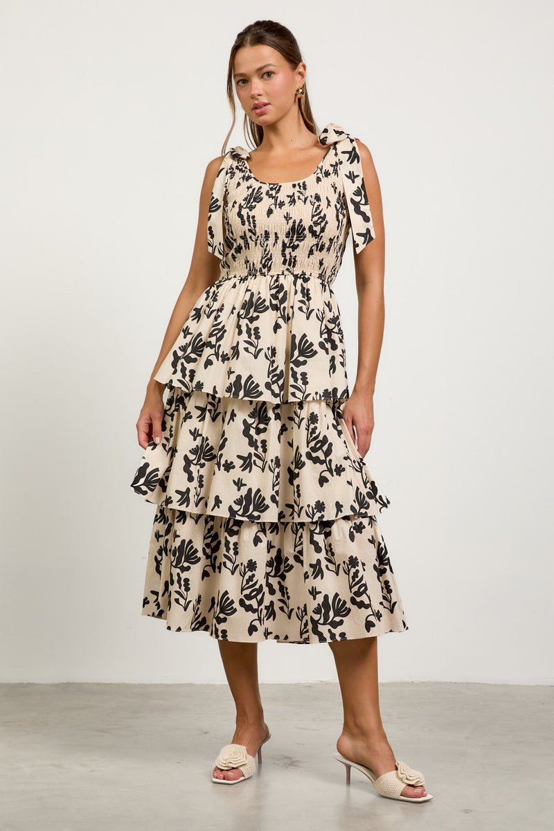 FLORAL POPLIN TIERED MIDI DRESS- BLACK/IVORY