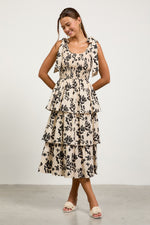 FLORAL POPLIN TIERED MIDI DRESS- BLACK/IVORY