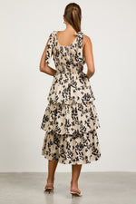 FLORAL POPLIN TIERED MIDI DRESS- BLACK/IVORY