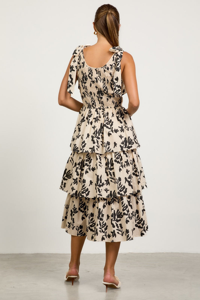 FLORAL POPLIN TIERED MIDI DRESS- BLACK/IVORY