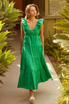 POPLIN V NECK SHIRRED MAXI DRESS- GREEN