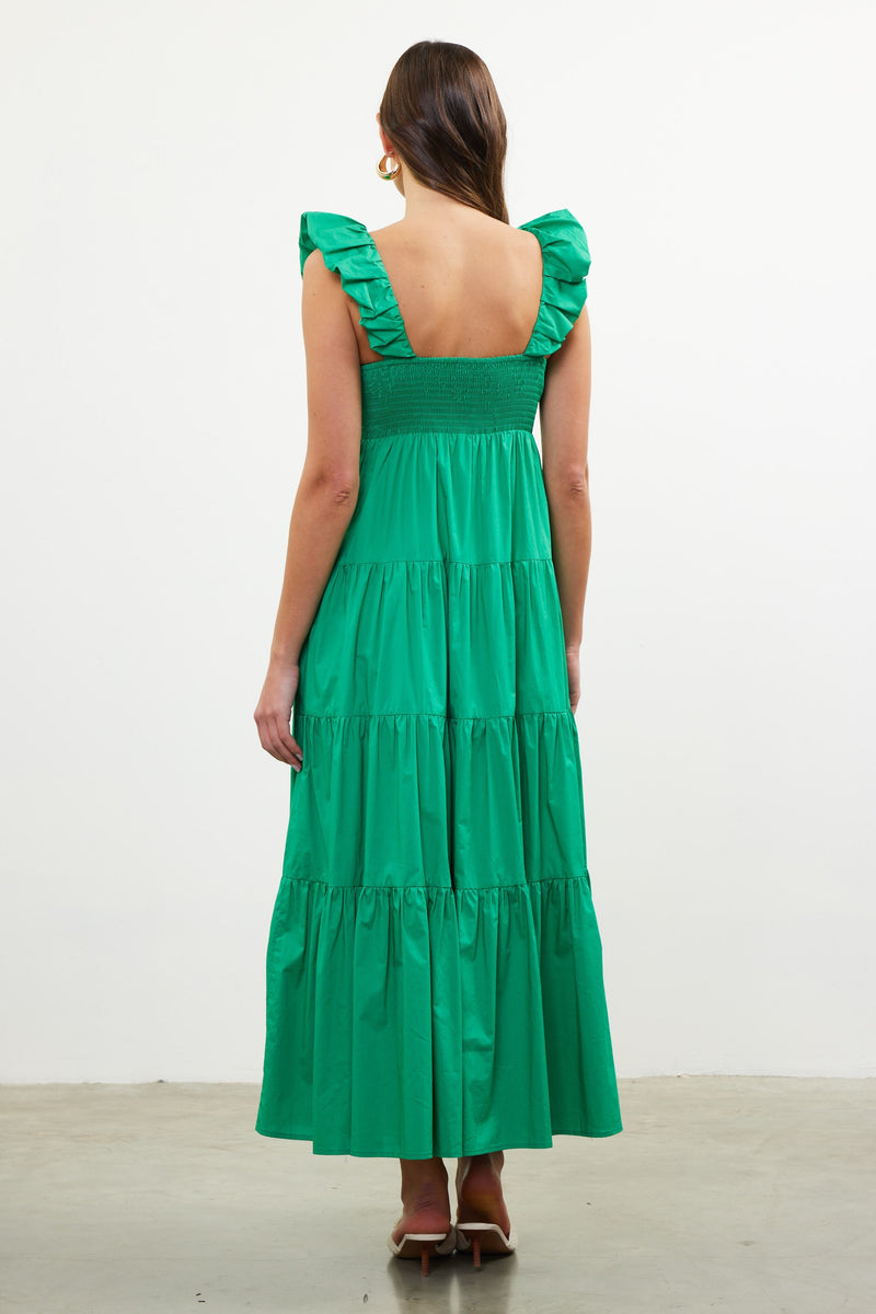 POPLIN V NECK SHIRRED MAXI DRESS- GREEN