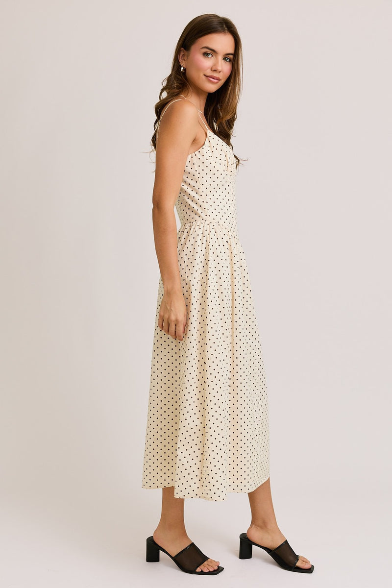DOTTED MIDI CAMI DRESS- BROWN/CREAM