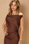 SATIN OFF SHOULDER MIDI DRESS- RUM