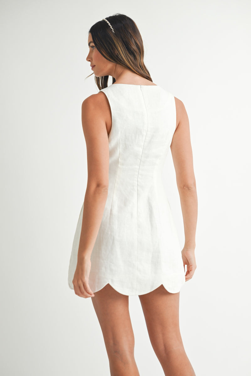 LINEN SCALLOPED MINI DRESS- WHITE