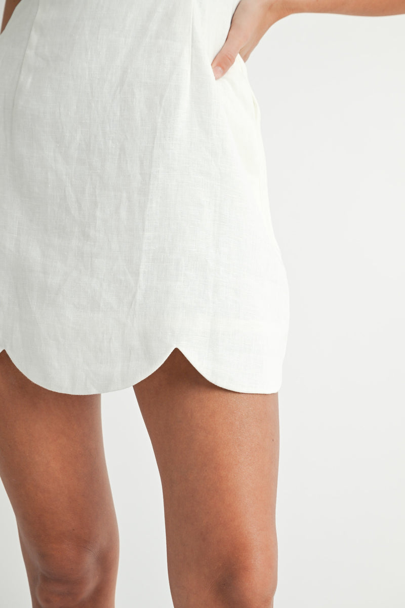 LINEN SCALLOPED MINI DRESS- WHITE