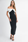 KNIT CONTRAST BOW DRESS- BLACK/WHITE