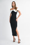 KNIT CONTRAST BOW DRESS- BLACK/WHITE