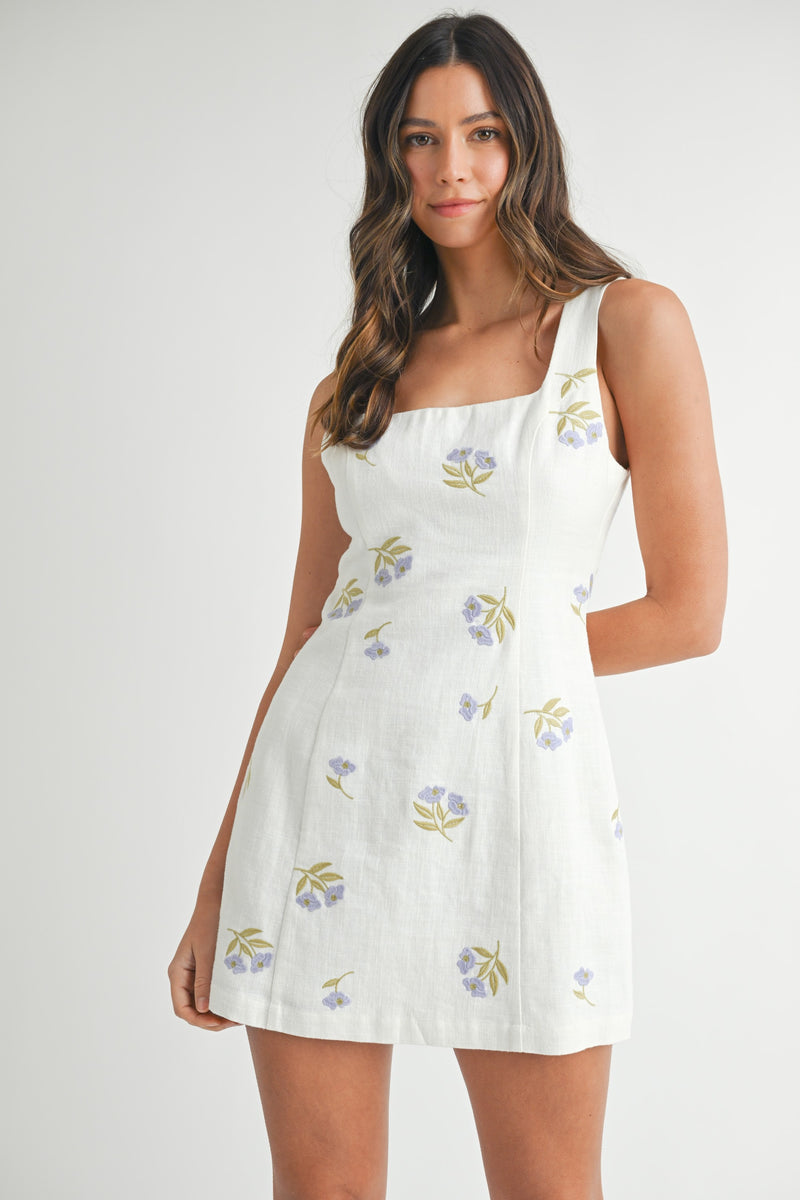 FLORAL EMBROIDERY MINI DRESS- WHITE