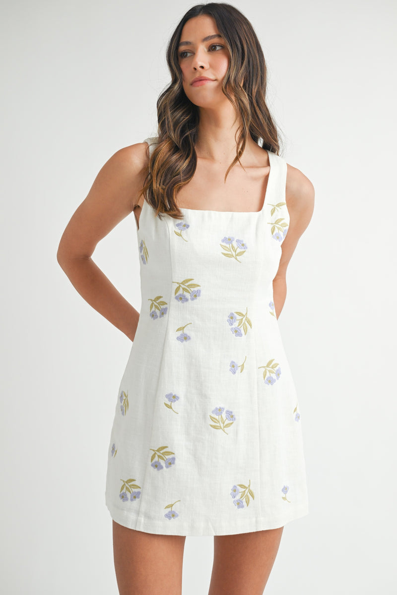 FLORAL EMBROIDERY MINI DRESS- WHITE