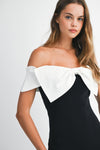 KNIT CONTRAST BOW DRESS- BLACK/WHITE