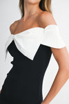 KNIT CONTRAST BOW DRESS- BLACK/WHITE