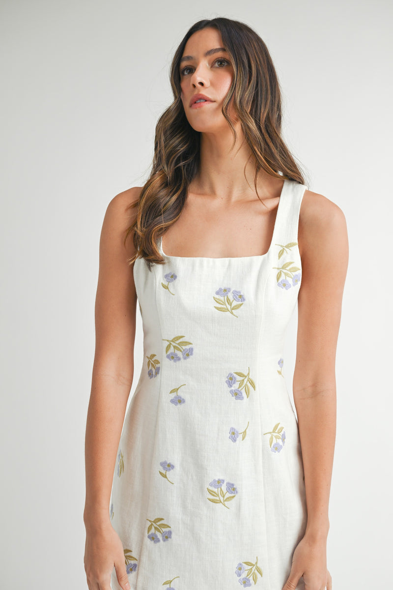 FLORAL EMBROIDERY MINI DRESS- WHITE