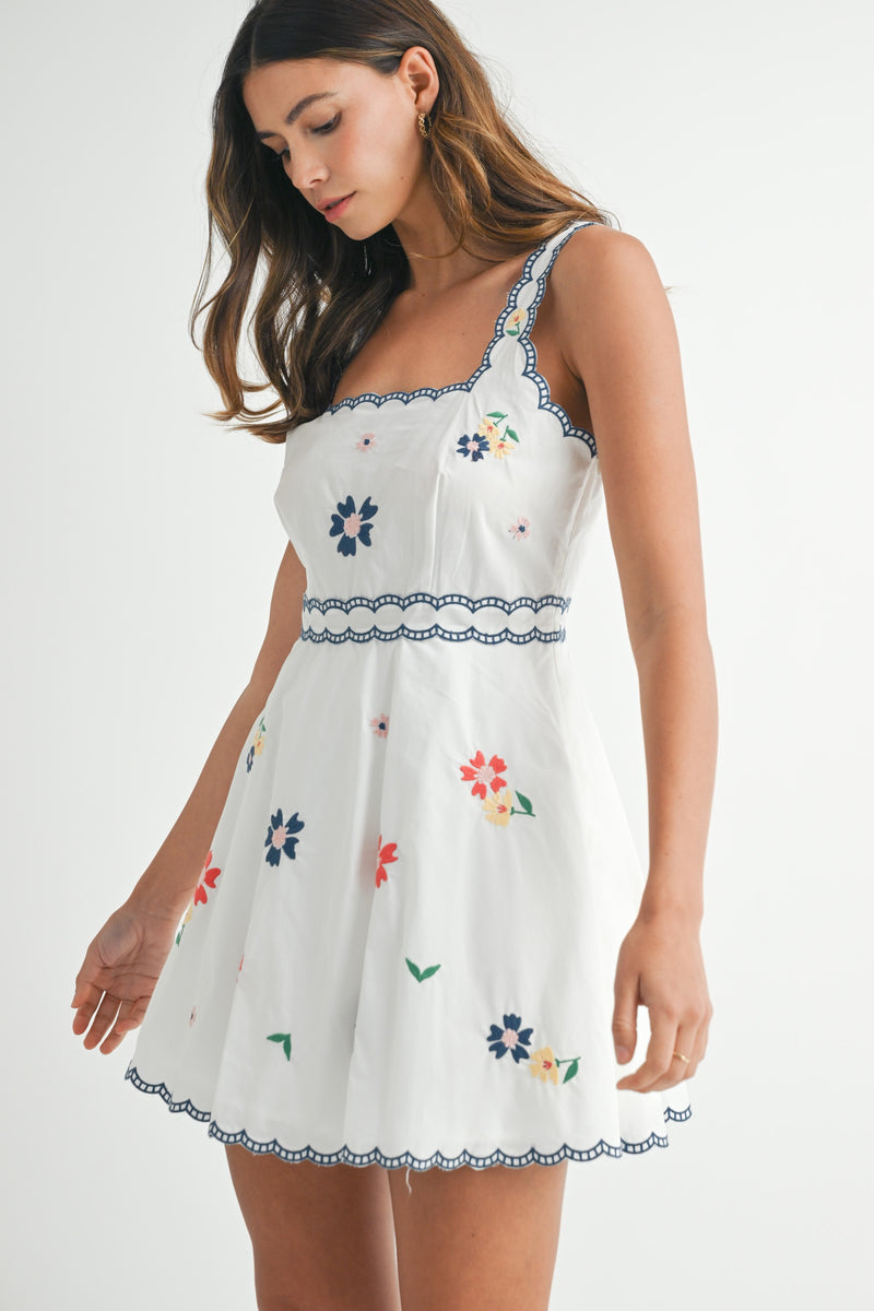 EMBROIDERED EYELET MINI DRESS- WHITE