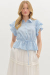 RUFFLED FLUTTER SLV TOP- LT BLUE