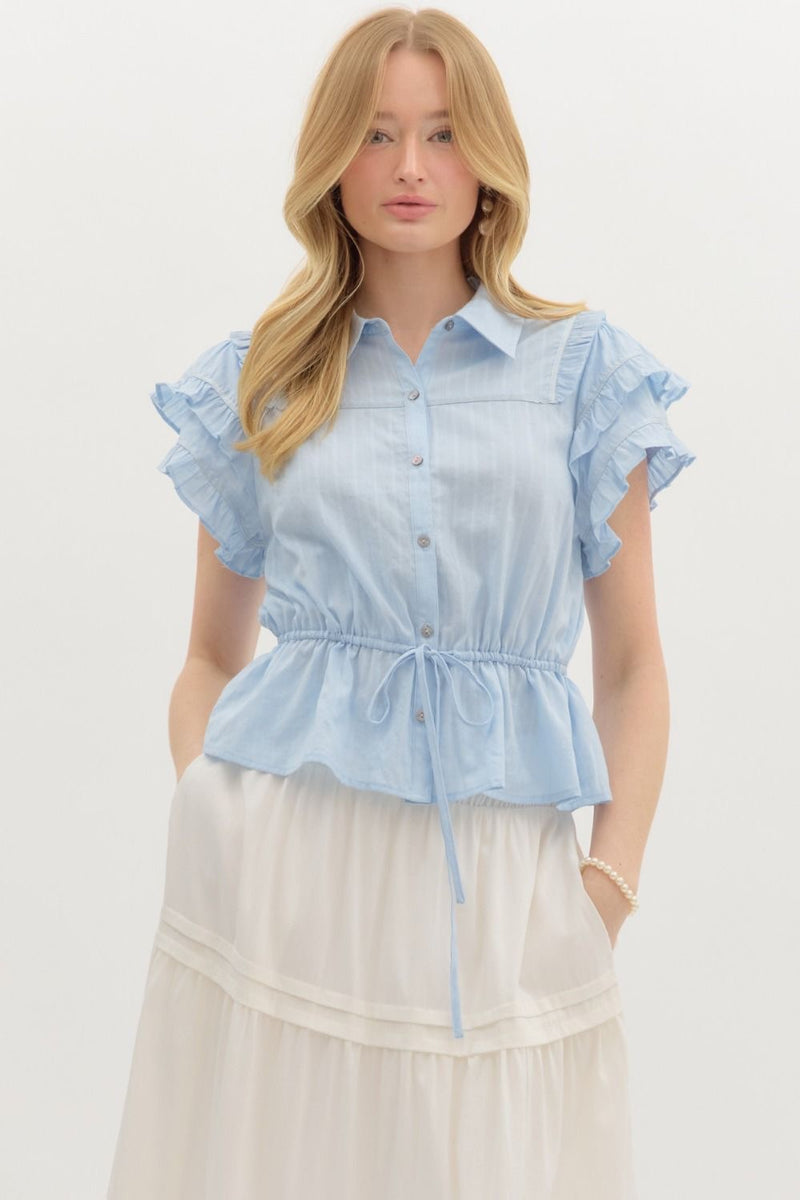 RUFFLED FLUTTER SLV TOP- LT BLUE