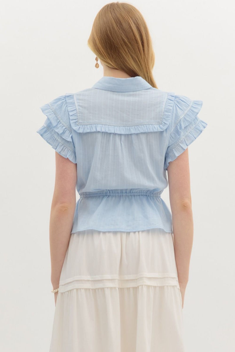 RUFFLED FLUTTER SLV TOP- LT BLUE