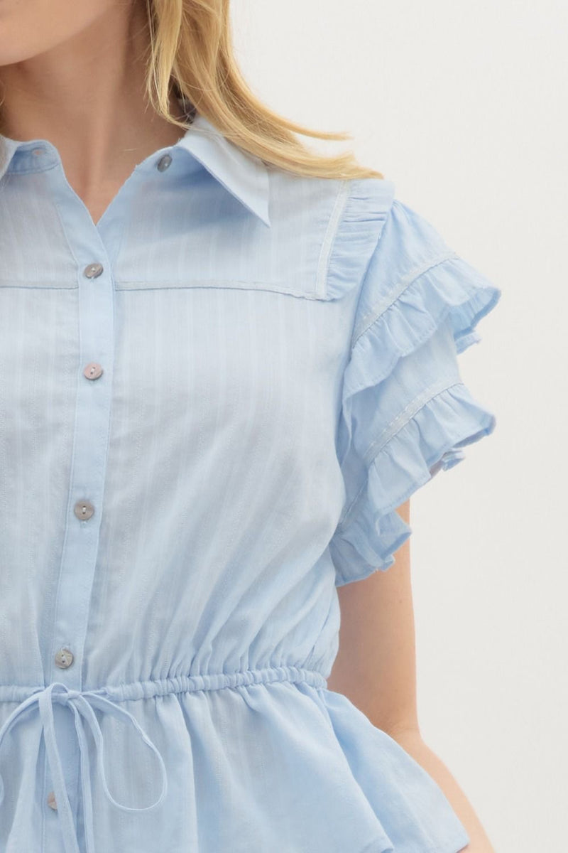 RUFFLED FLUTTER SLV TOP- LT BLUE