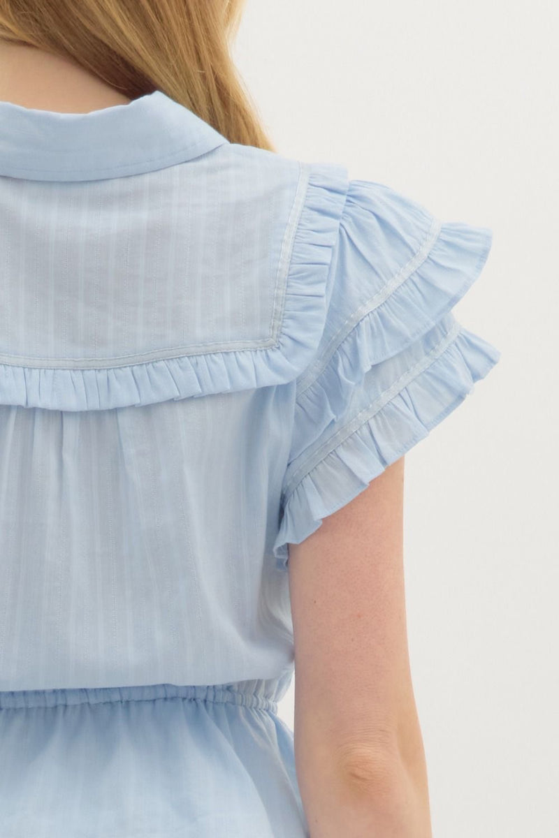 RUFFLED FLUTTER SLV TOP- LT BLUE