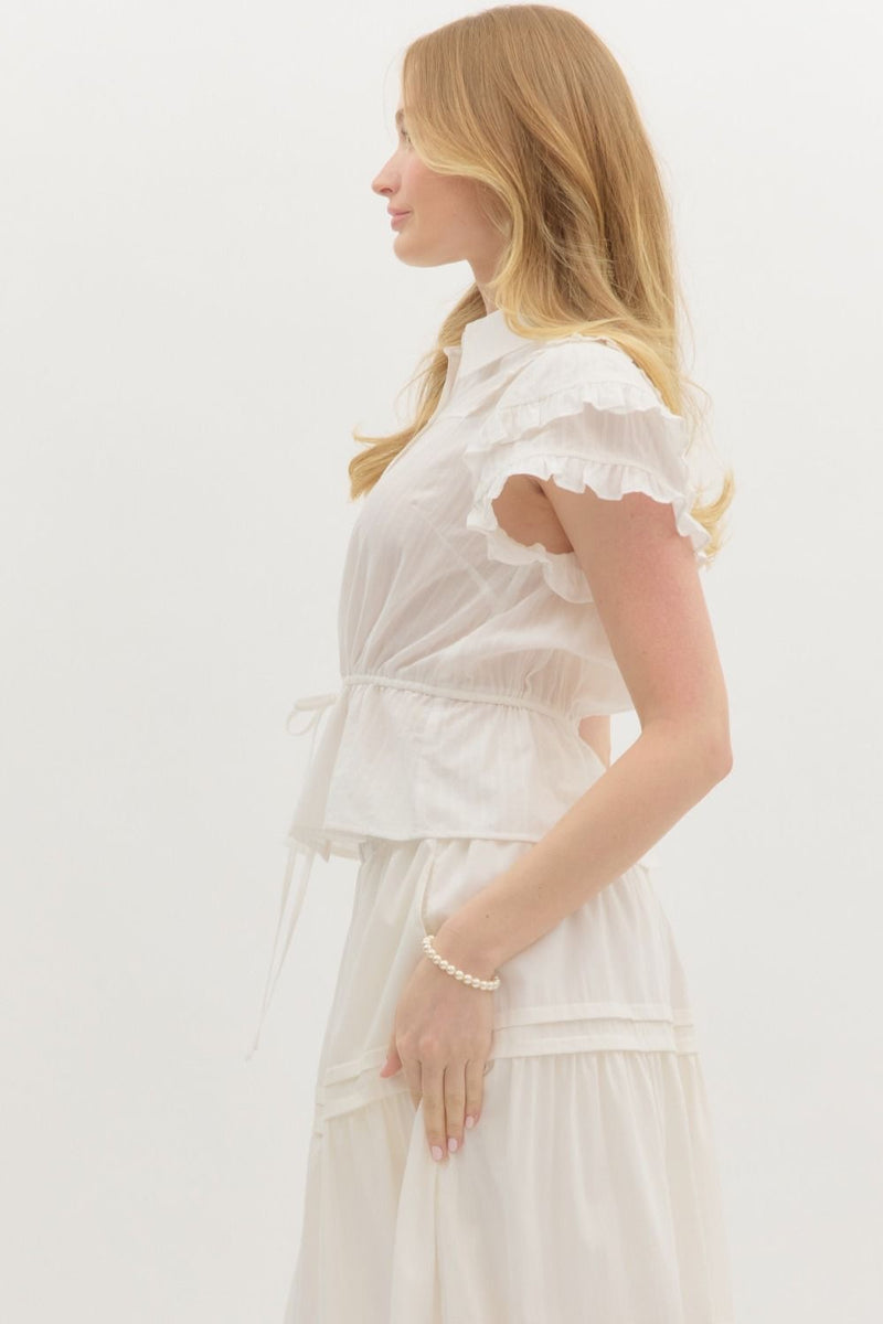 RUFFLED FLUTTER SLV TOP- WHITE