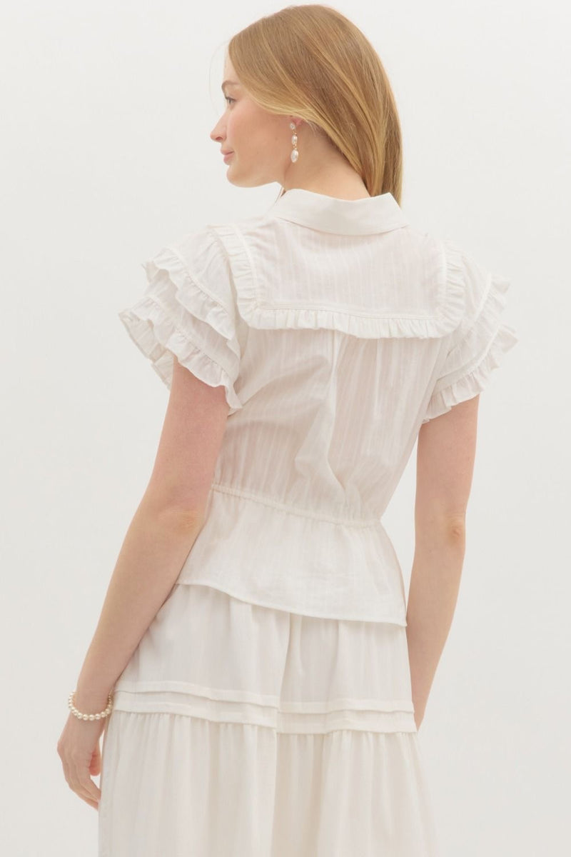 RUFFLED FLUTTER SLV TOP- WHITE