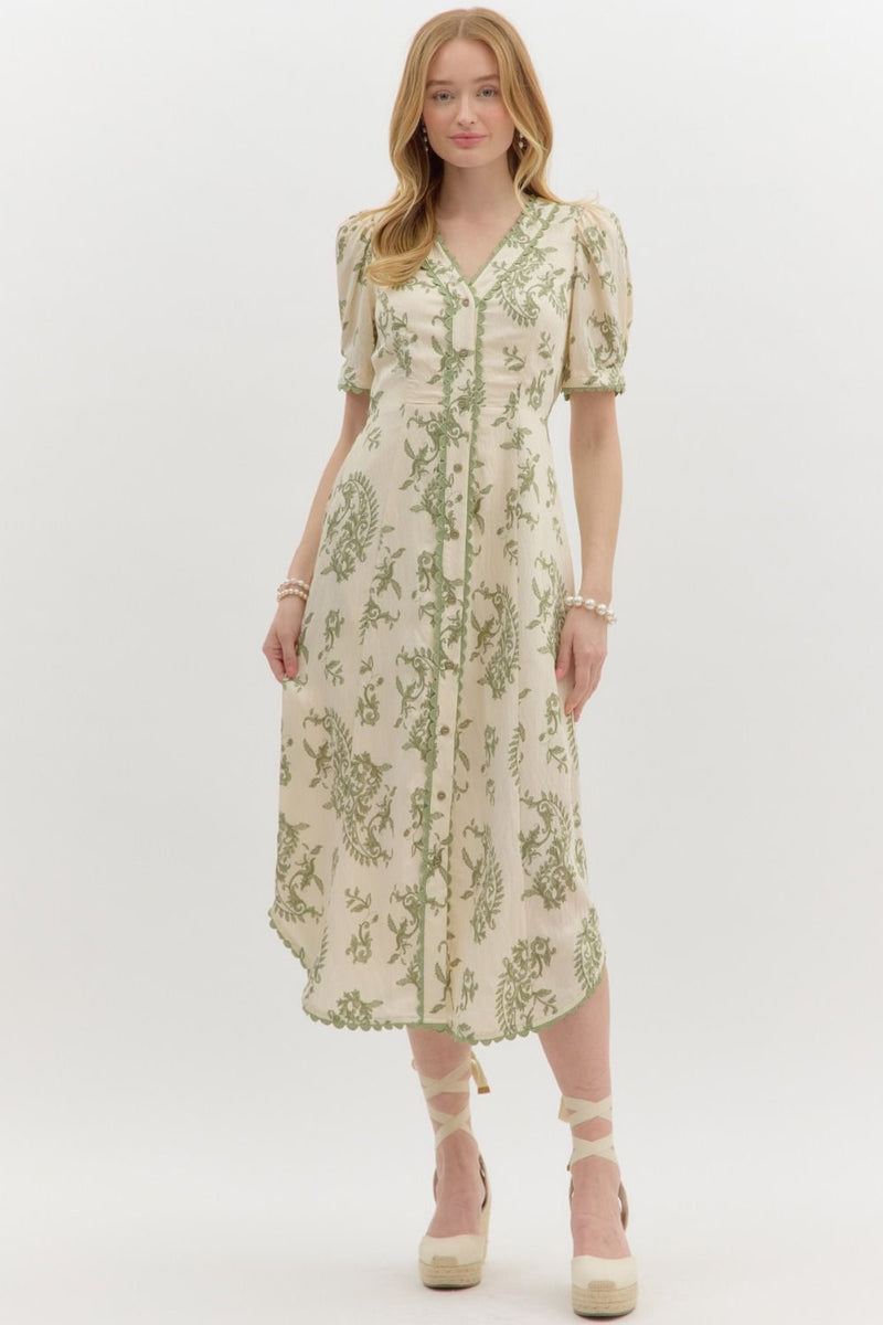 PAISLEY MIDI SCALLOPED DRESS- OLIVE