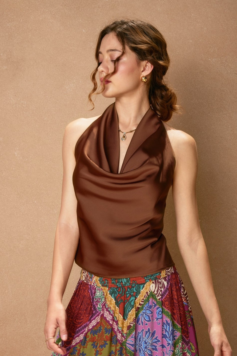 SATIN HALTER TOP- RUM