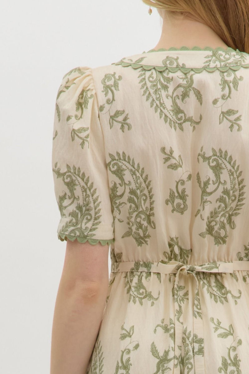 PAISLEY MIDI SCALLOPED DRESS- OLIVE