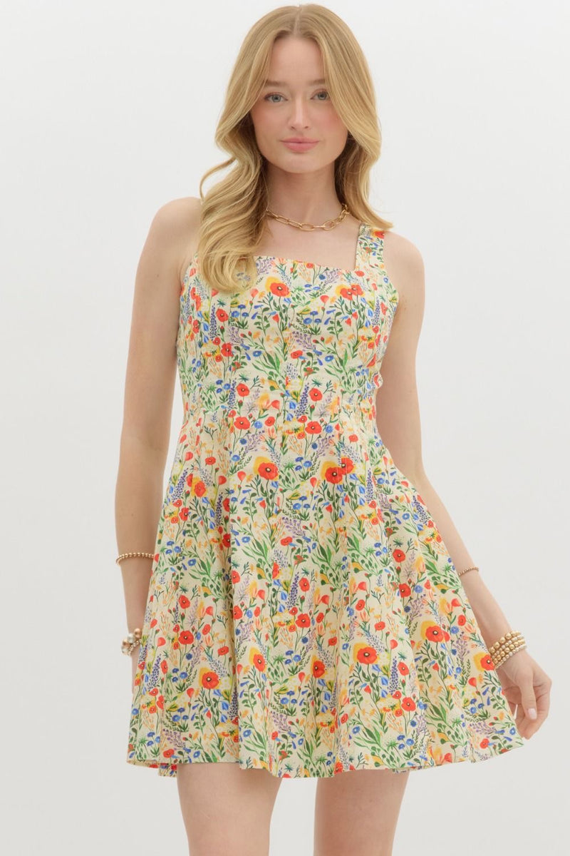 FLORAL MINI FLARE DRESS- RED MULTI