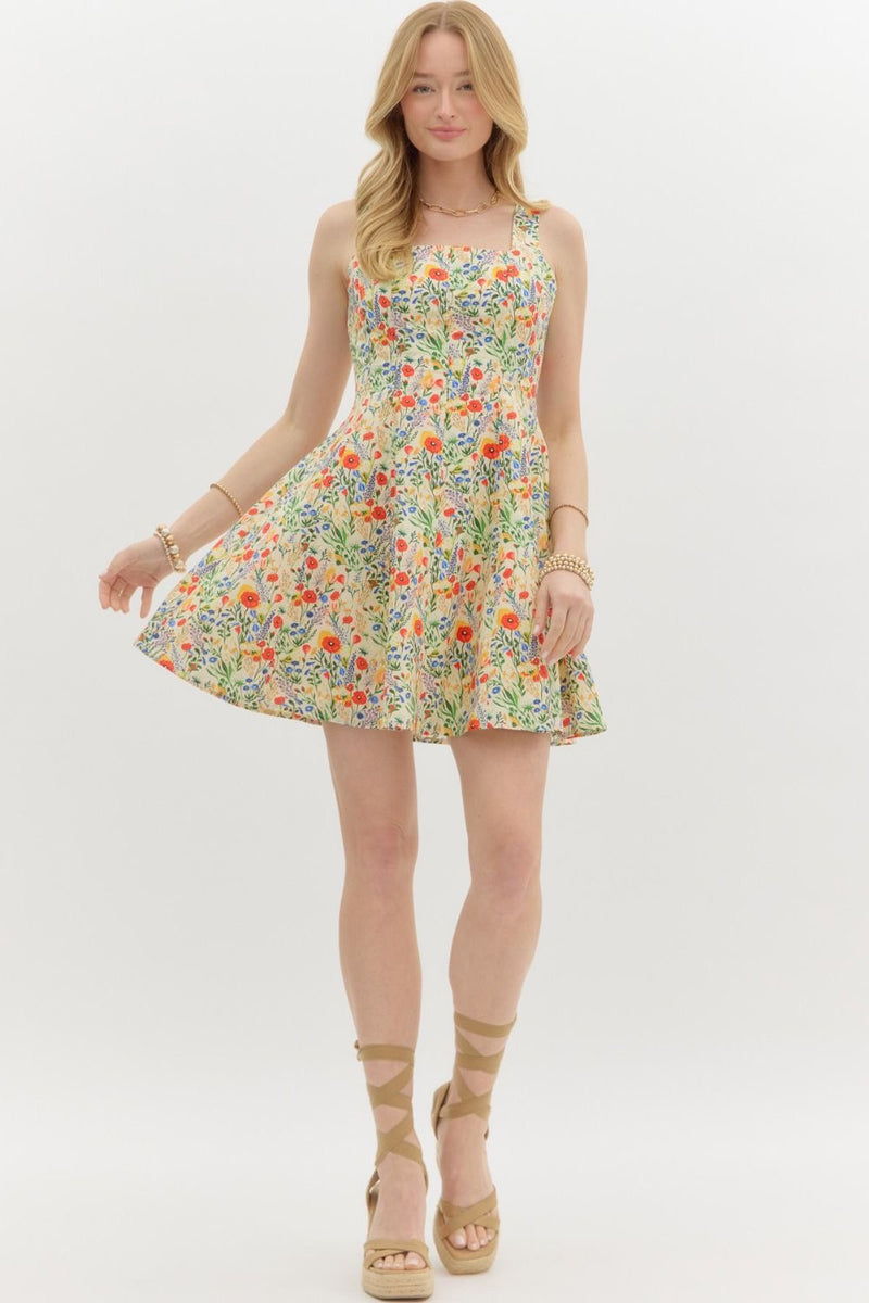 FLORAL MINI FLARE DRESS- RED MULTI