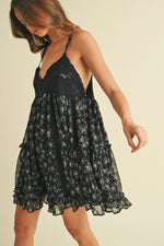 FLORAL LACED PATCH MINI DRESS- BLACK