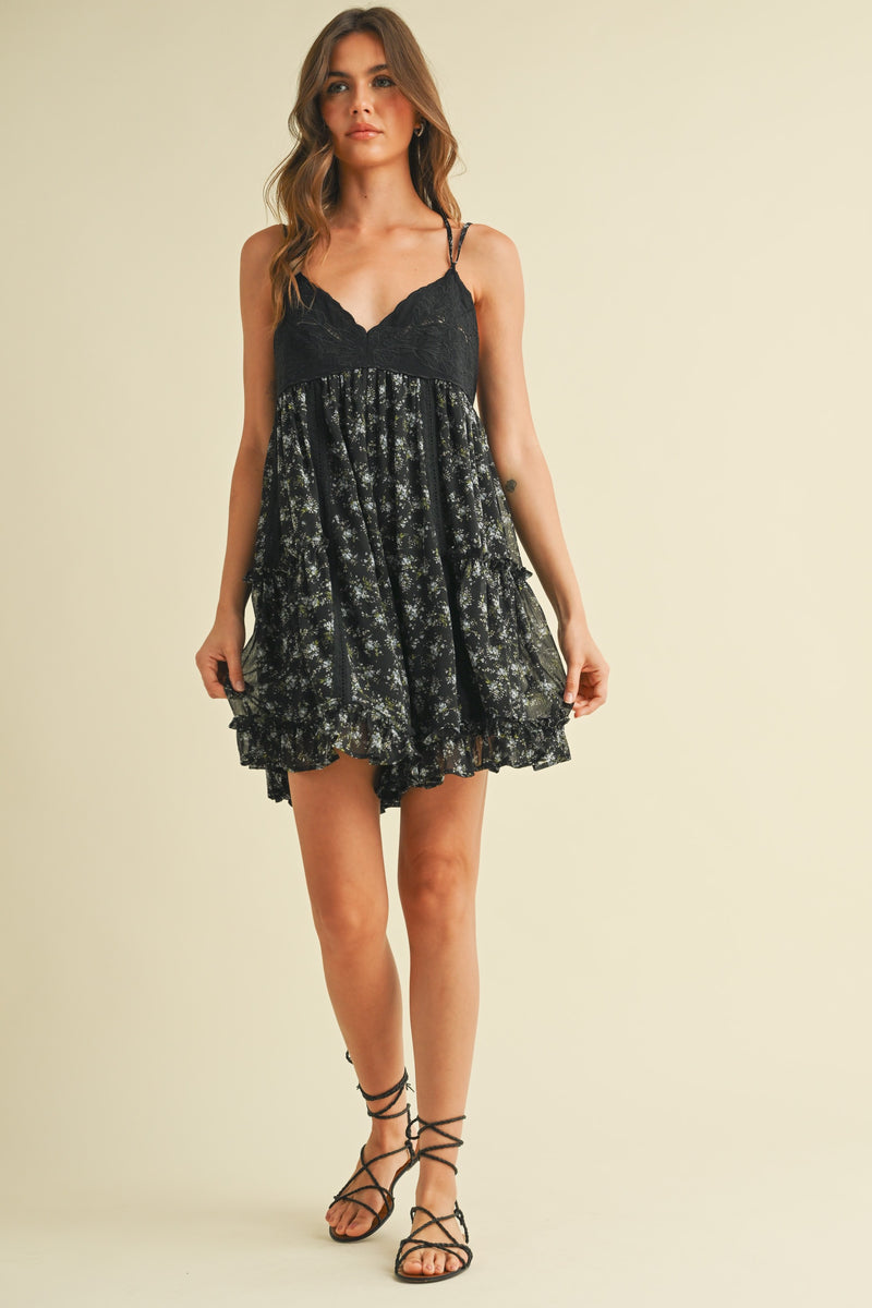 FLORAL LACED PATCH MINI DRESS- BLACK