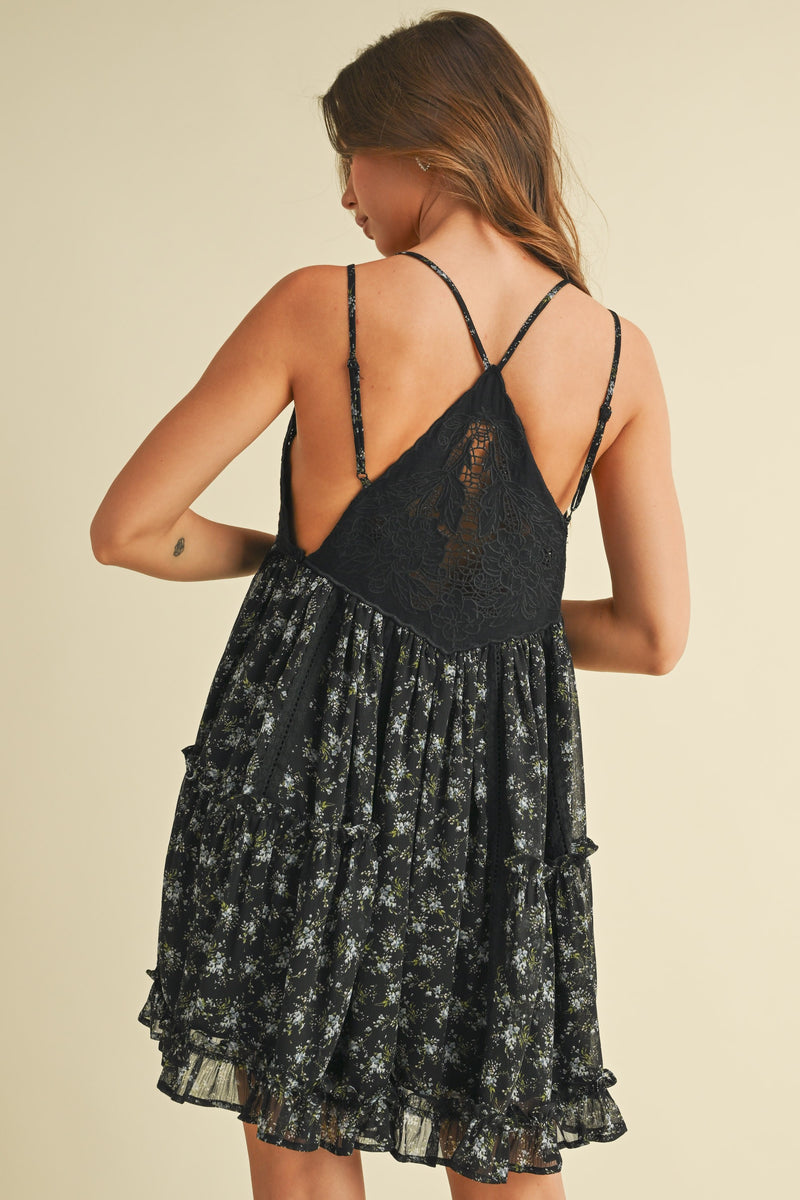 FLORAL LACED PATCH MINI DRESS- BLACK