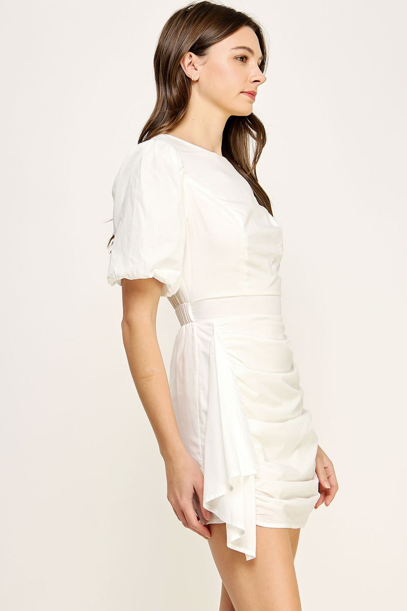 VOILE PUFF SLEEVE MINI DRESS- WHITE