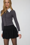 KNIT CONTRAST COLLAR CARDIGAN- CHARCOAL