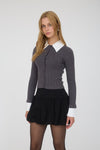 KNIT CONTRAST COLLAR CARDIGAN- CHARCOAL