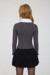 KNIT CONTRAST COLLAR CARDIGAN- CHARCOAL