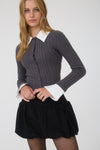 KNIT CONTRAST COLLAR CARDIGAN- CHARCOAL