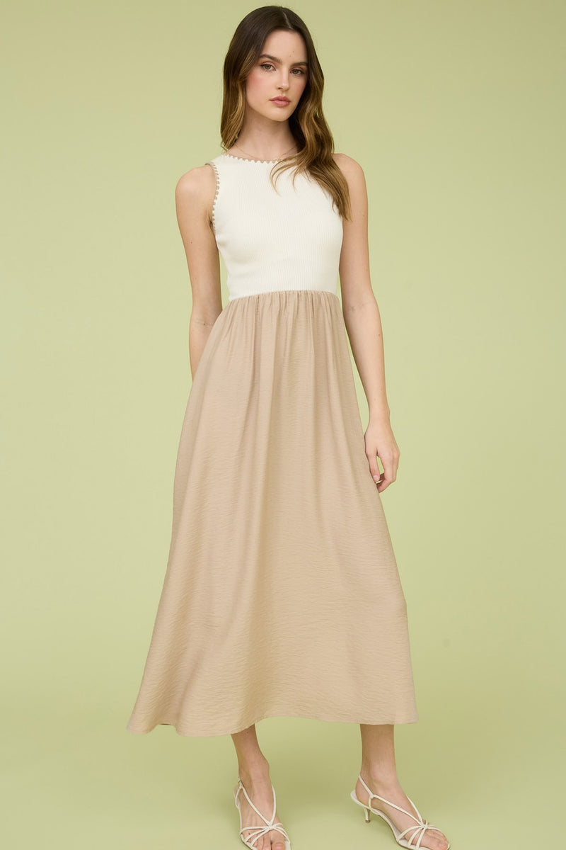 STITCHED MIDI TANK DRESS- KHAKI/IVORY