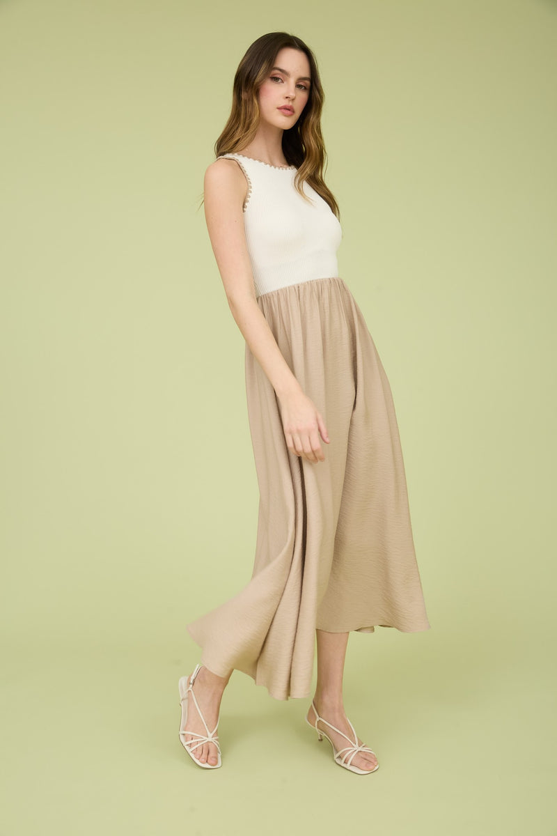 STITCHED MIDI TANK DRESS- KHAKI/IVORY