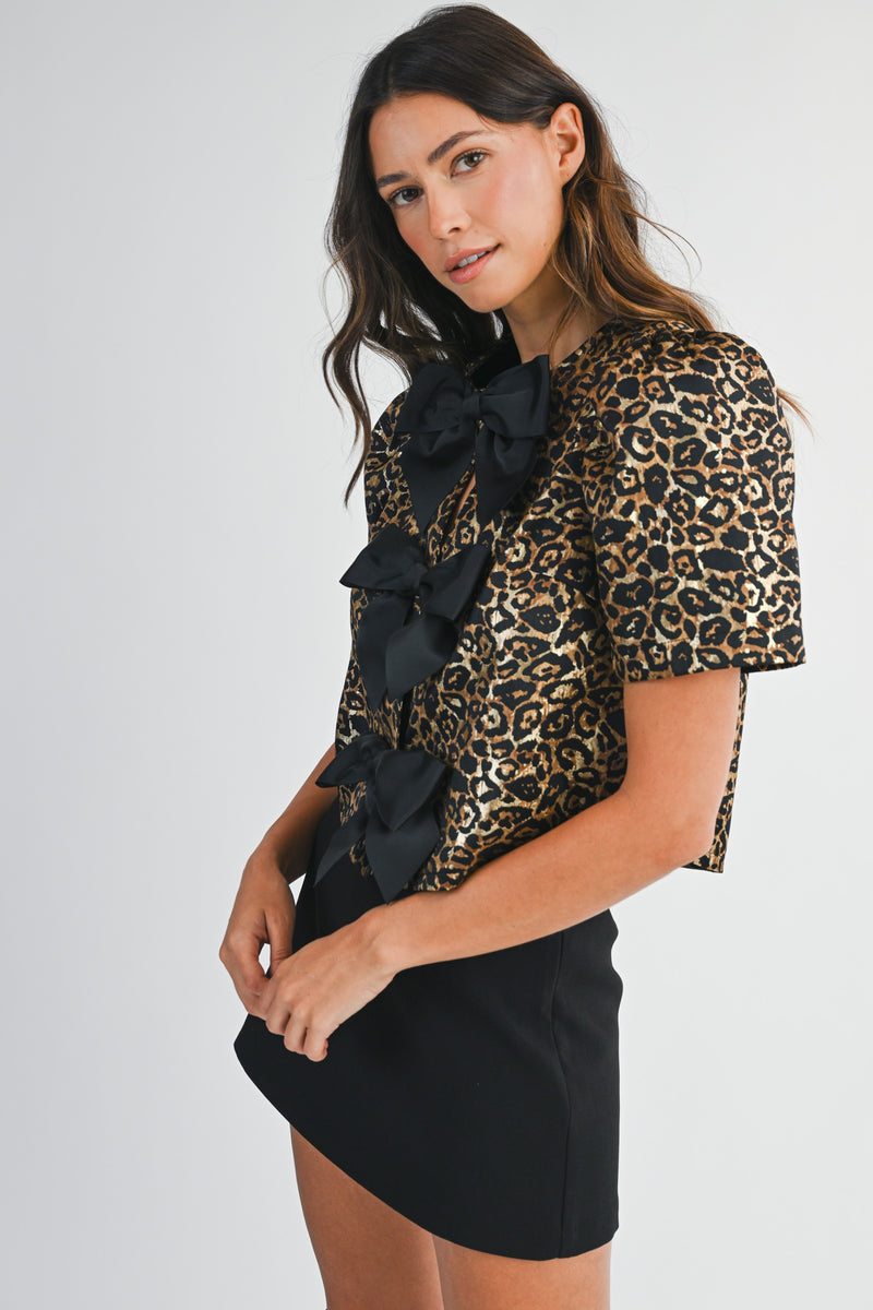 LEOPARD JACQUARD BOW TOP- LEOPARD