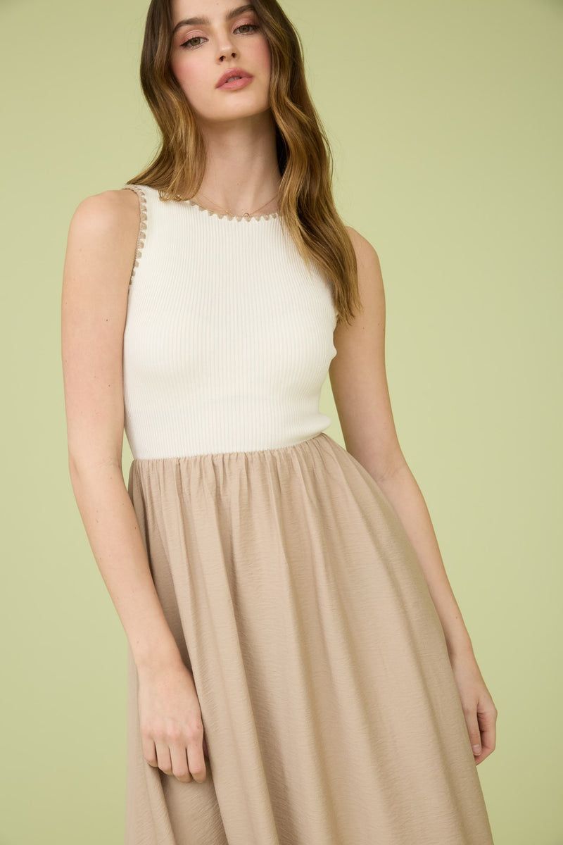 STITCHED MIDI TANK DRESS- KHAKI/IVORY